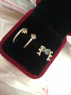 2 Pairs of 14 kt Gold Plated Rhinestone Hoop Huggie & Stud Earrings